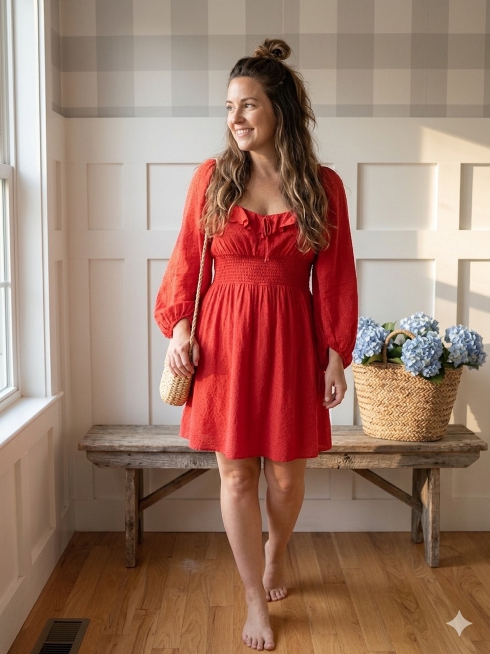 Betsey Johnson Red Long-Sleeve Smocked Mini Dress Medium